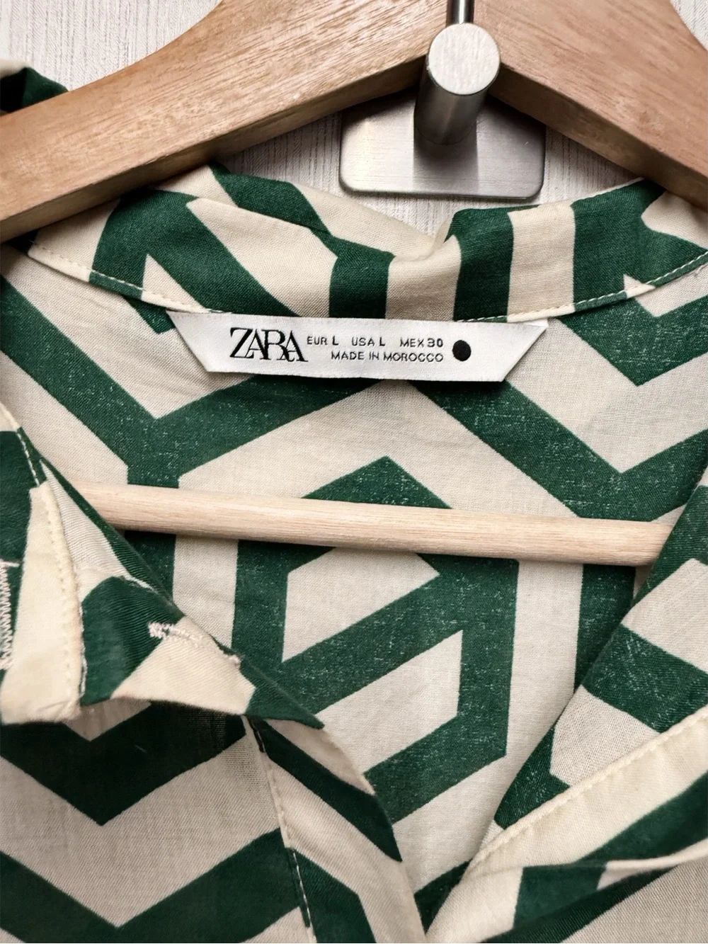 Zara The Karen Green Ivory Geometric Print Tiered Midi Dress, Size Large